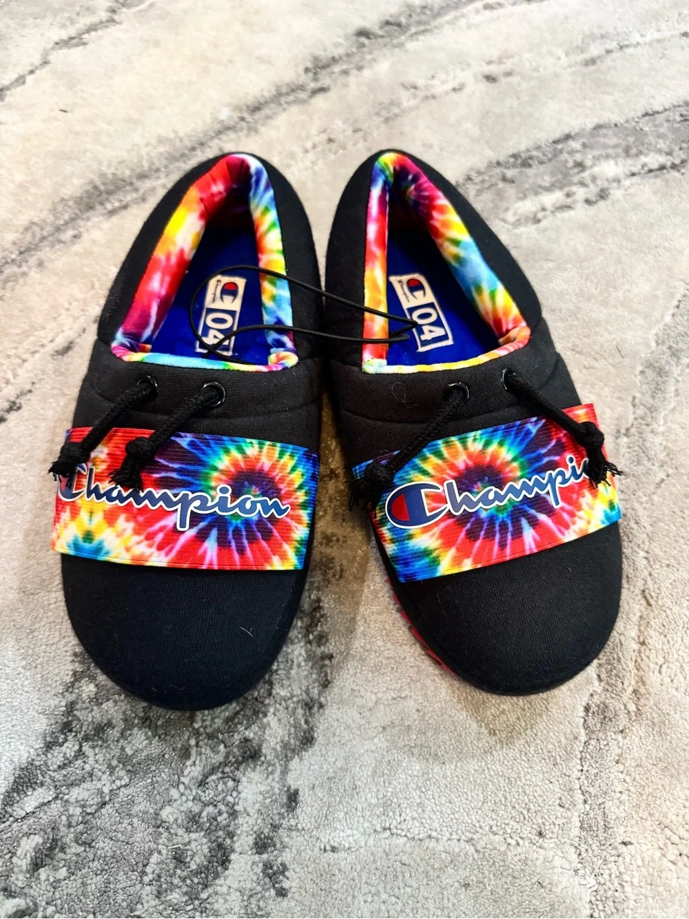 Champion Kids Black Slip-On Shoes with Rainbow Tie-Dye Accents